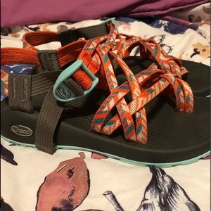 Coral and aqua chacos